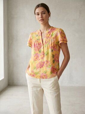Nanette Lepore Womens L Yellow Pink Floral Blouse Flutter Sleeve Boho Button Top